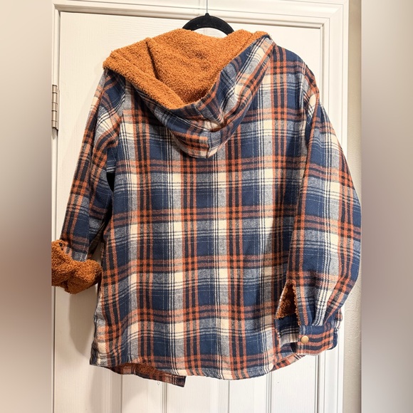 Sherpa-Lined Plaid Shacket Jacket - Navy & Rust Orange - Picture 2 of 5